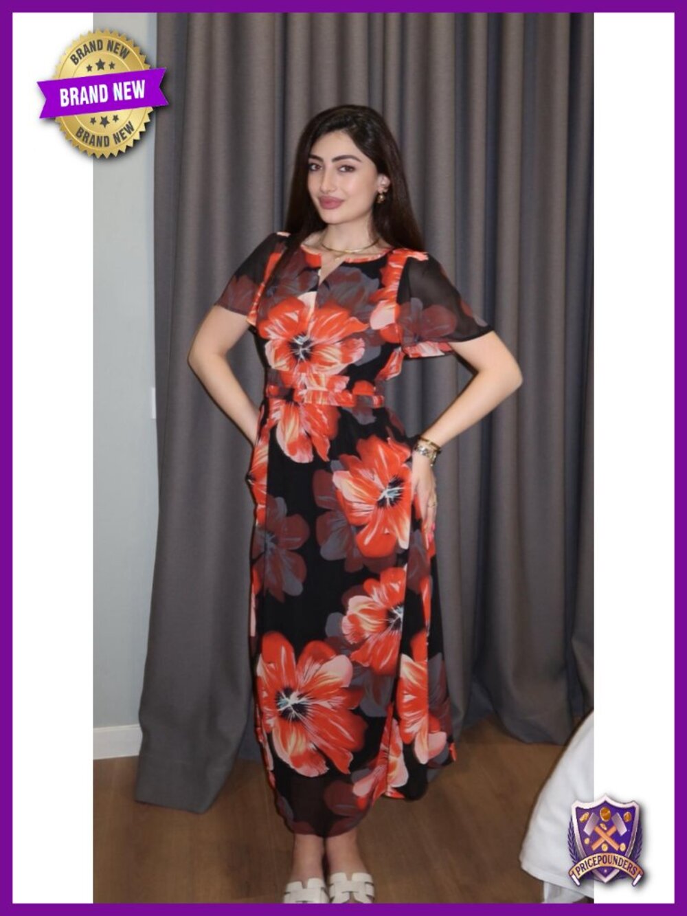 Women Floral Summer Maxi Dress Boho Flowy Casual Chiffon Short Sleeves V Neck - Picture 5 of 6